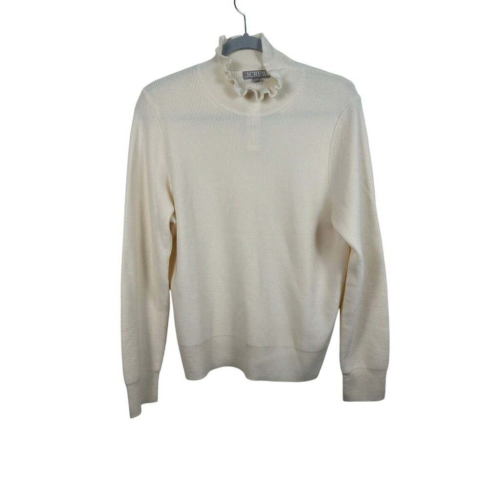 J.Crew‎ Ruffle Mock Neck Sweater Womens XL Ivory NWT Merino Wool BJ571 Ribbed